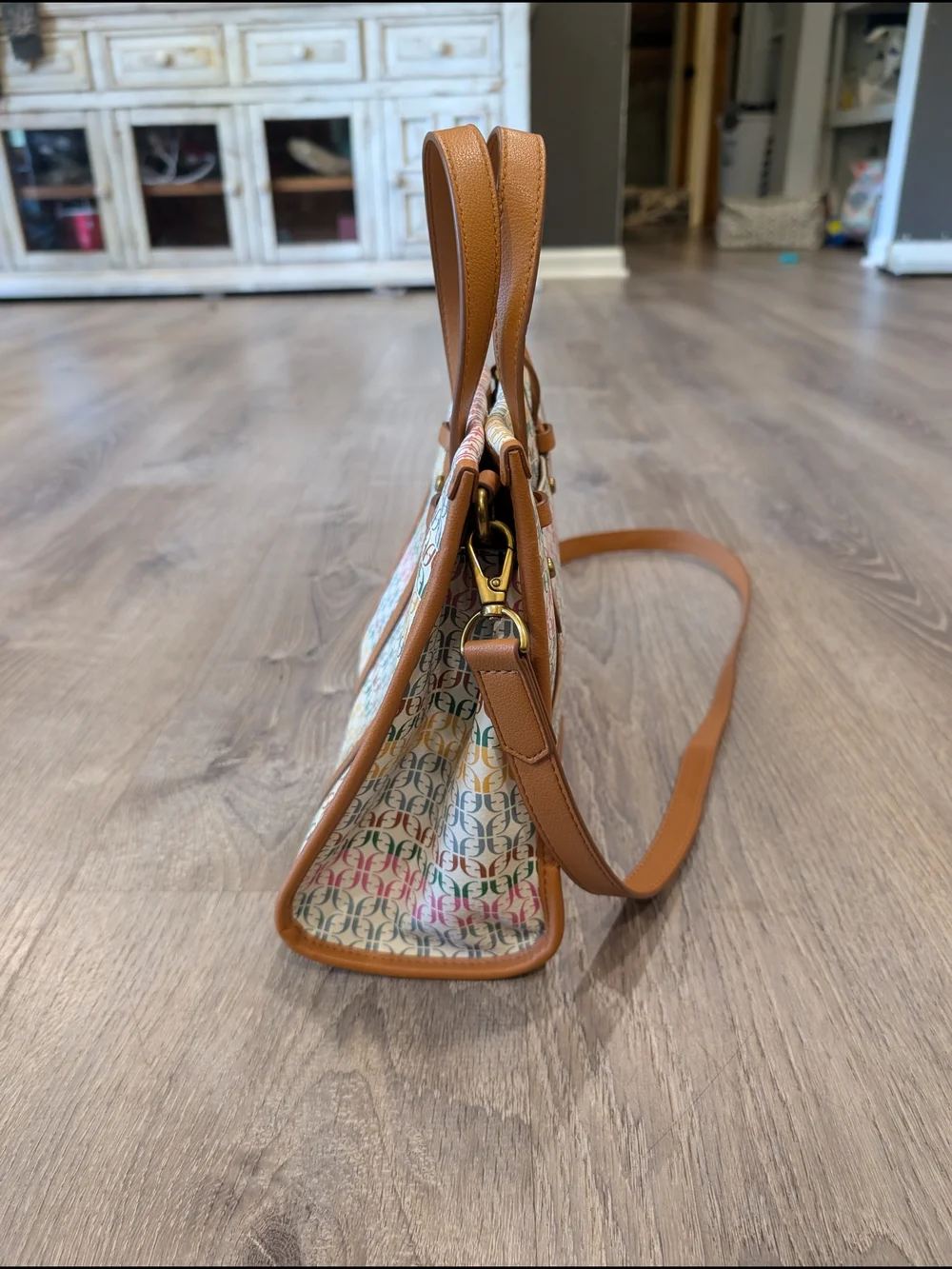 Fossil Kingston Monogram Canvas Leather Crossbody Bag Tote Neutral Multi Color